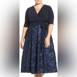 Alex Evenings Tea Length Jersey & Rosette Lace Women’s  Dress Navy 14P Petite